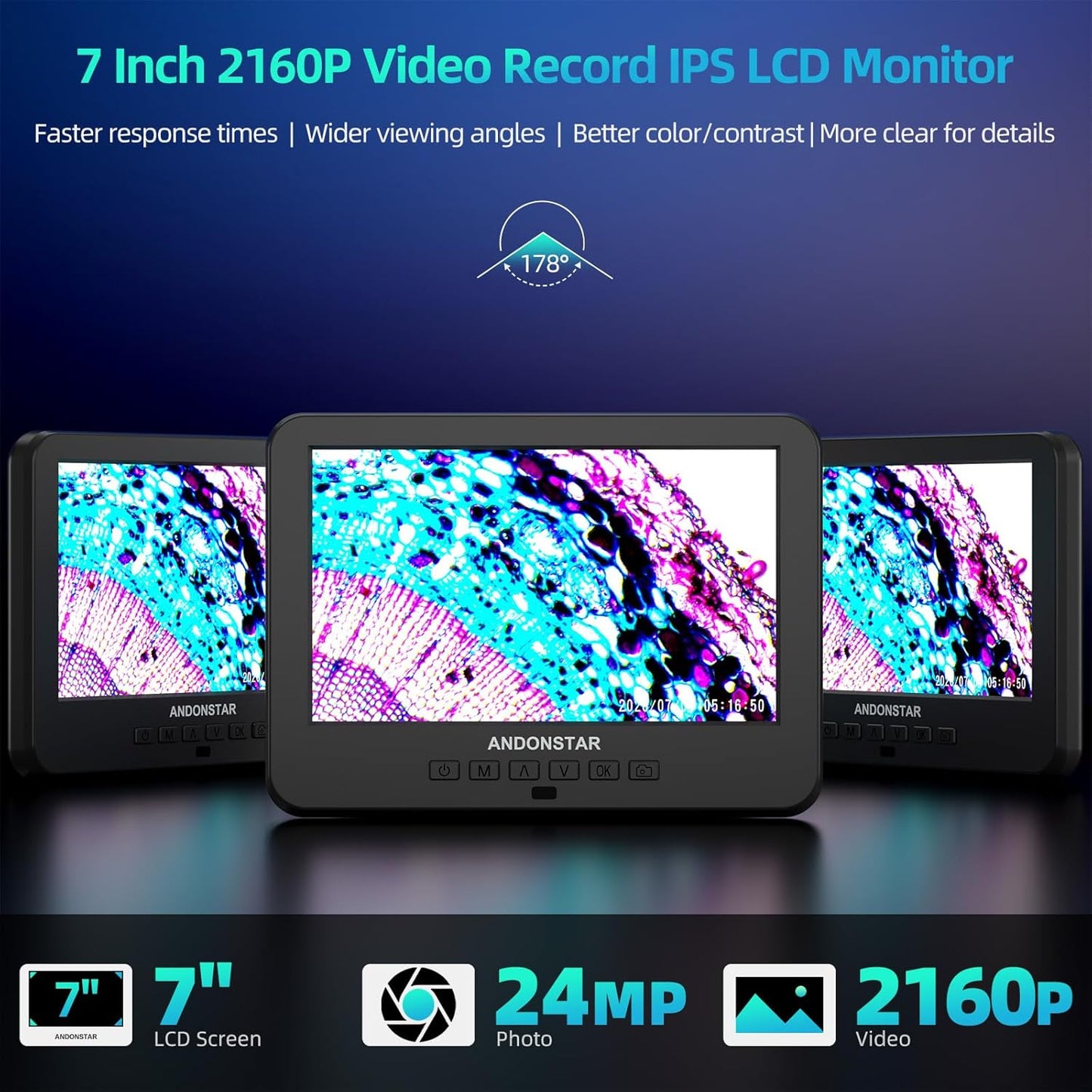 Andonstar AD266S 20X-5000X HDMI Digital Microscope, 5 Lens 2160P UHD Video Record, 7'' LCD Microscope for Adults Kids, Home Lab Biological Kit with Slides, Coin Full View