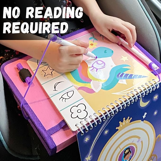 Totebook Kids Travel Educational Activity Book with Washable Markers - Car and Airplane Activities, Learning Toys for Toddlers- Reusable Stickers for Ages 4, 5, 6 (Princess & Extra Jungle Book)