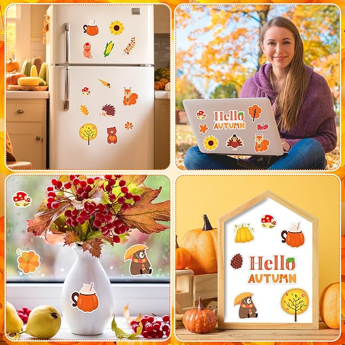 MARFOREVER 50 PCS Fall Gel Window Clings, Autumn Harvest Pumpkins Maple Leaf Pine Cones Thick Window Gel Clings Decals for Kids Fall Thanksgiving Classroom Nursery Home Party Supplies Decorations