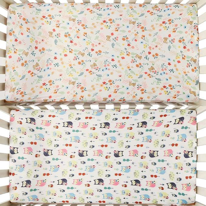 Onacosht Pack n Play Fitted Sheets for Baby Girl 2 Pack Set Soft Jersey Knit Sheets for Mini Crib Mattress and Playard Mattress, Rabbit Floral and Owl Printing