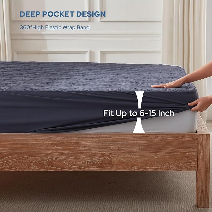 BEDLORE Waterproof Mattress Protector, Twin XL Size Mattress Pad with Deep Pocket 6"-15" Depth, Soft Dirt-Proof Double Bed Mattress Cover for Bedroom, College Dorm, Hotel (Navy Blue)