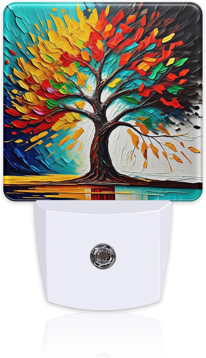 Colorful Life Tree Night Light Plug into Wall, Abstract Modern Artwork Oil Painting Dusk to Dawn Night Light Plug in,0.5w Energy Saving Sleep Friendly NightLight for Kids Boys Girls Home Decor