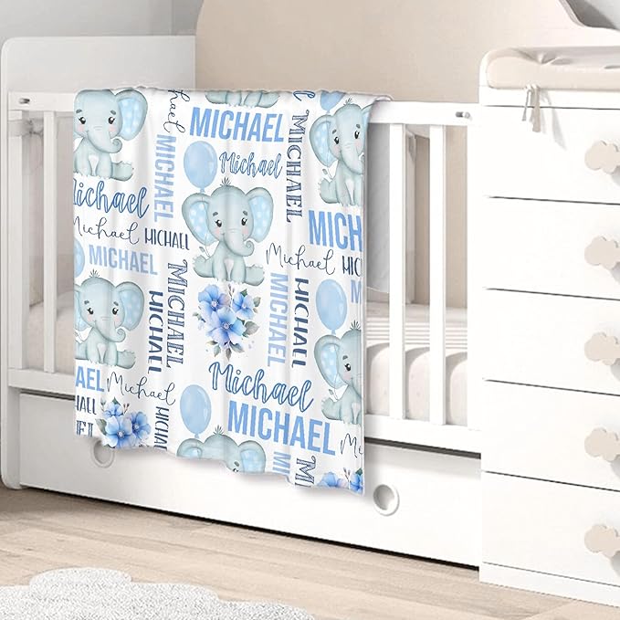Personalized Baby Blanket for Girls Boys Kids Elephant Custom Baby Blanket with Name Throw Birthday Gift for Toddlers Infants Shower Newborns Nursery Stroller Crib Bed Decor