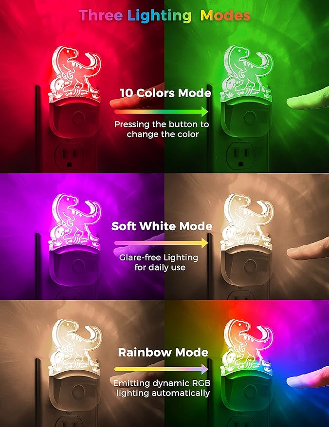 LOHAS Dinosaur Night Light for Boys, Kids Nightlight Plug in, Dusk-to-Dawn, Velociraptor LED Night Lights Plug into Wall, RGB+Soft White 3000K, 3 Lighting Modes, Ideal for Nursery Room, Bedroom Decor