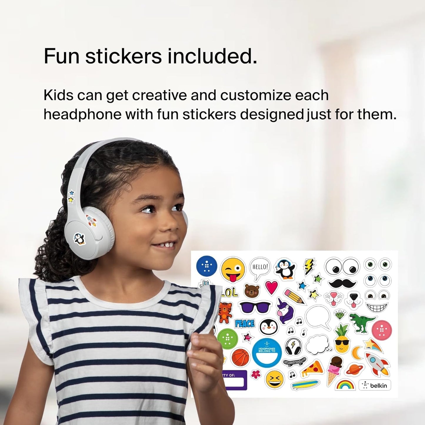 Belkin SoundForm Mini - Wireless Bluetooth Headphones for Kids with 30H Battery Life, 85dB Safe Volume Limit, Built-in Microphone - Kids On-Ear Earphones for iPhone, iPad, Fire Tablet & More - White