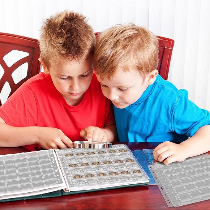 12 Sheets Coin Collection Supplies Pages, Collecting Book Album Protectors Sleeves with Standard 9 Hole for Coin Binder, Currency Holder Storage for Pennies, Quarters Stamp (42 Pocket per Sheet)