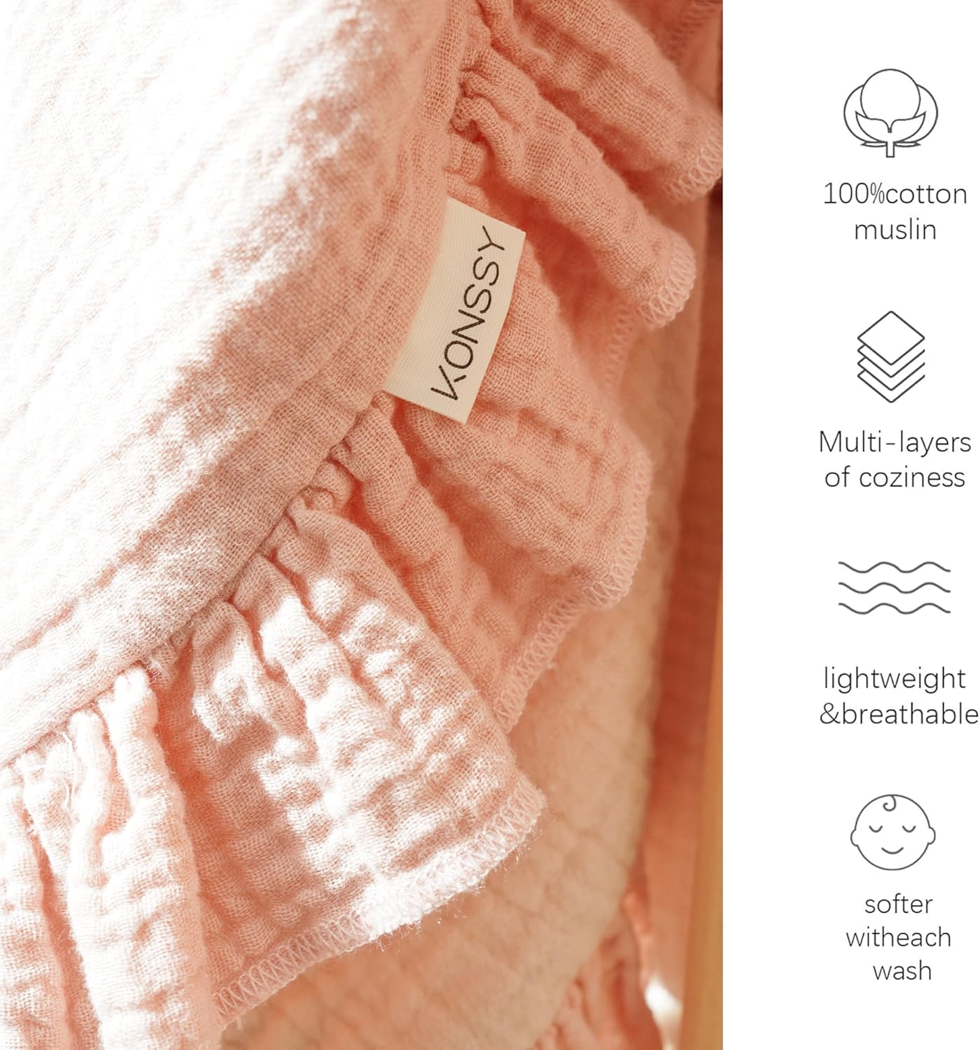Konssy Flounce Muslin Baby Blankets, Cotton Crib Blanket for Baby Infant Toddler, Super Soft and Lightweight Nursery Blankets 40"x36" (Moon)