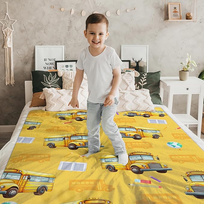 Boys Blanket School Bus Throw Blankets Gift for Kids Adults, 60x80 Inches Soft Cozy All Season Cute Decor for Sofa Chair Couch Bedroom