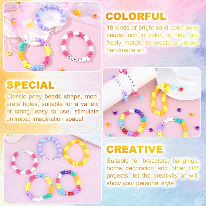 2600+pcs Pony Beads Kit 18 Color Rainbow Plastic Multicolor Pony Bead Bulk with Elastic String Hair Beads DIY Crafts Jewelry Making Kit for Bracelets Necklaces Key Chain