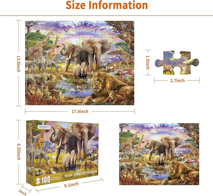100 Piece Puzzles for Kids, African Animal 100 Piece Puzzles for Adults, Animal World Puzzle Jungle Scene Puzzle, Jigsaw Puzzles 100 Pieces for Seniors Teens Kids Ages 6-10 Brain Teaser