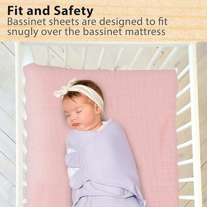 3-Pack Organic Muslin Bassinet Fitted Sheets, Compatible with Halo, Snoo, Graco, Dream On Me, Delta, and Other Standard Size Bassinets - Fits Oval, Hourglass, & Rectangle Shapes (32 x 16 x 4 Inches)