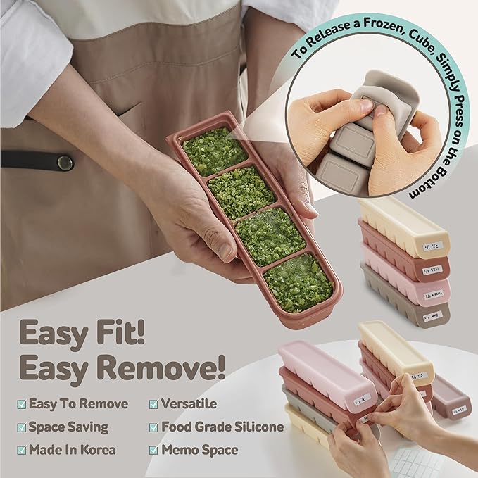 Silicone Freezer Trays with Lid,1.7oz 4 Section - Leak Proof Silicone Freezer molds for Homemade Baby Food Breastmilk,Purees, Vegetables, Baby Food Jars Ice Tray with Lid BPA Free Taupe Brown