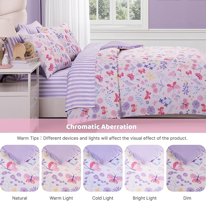 Queen Comforter Set with Sheets for Girls-7 Pieces Queen Bedding Sets with Pink Comforter, Sheets, Pillowcases & Shams for Kids (Cute Botanical Flowers, 90" X 90")