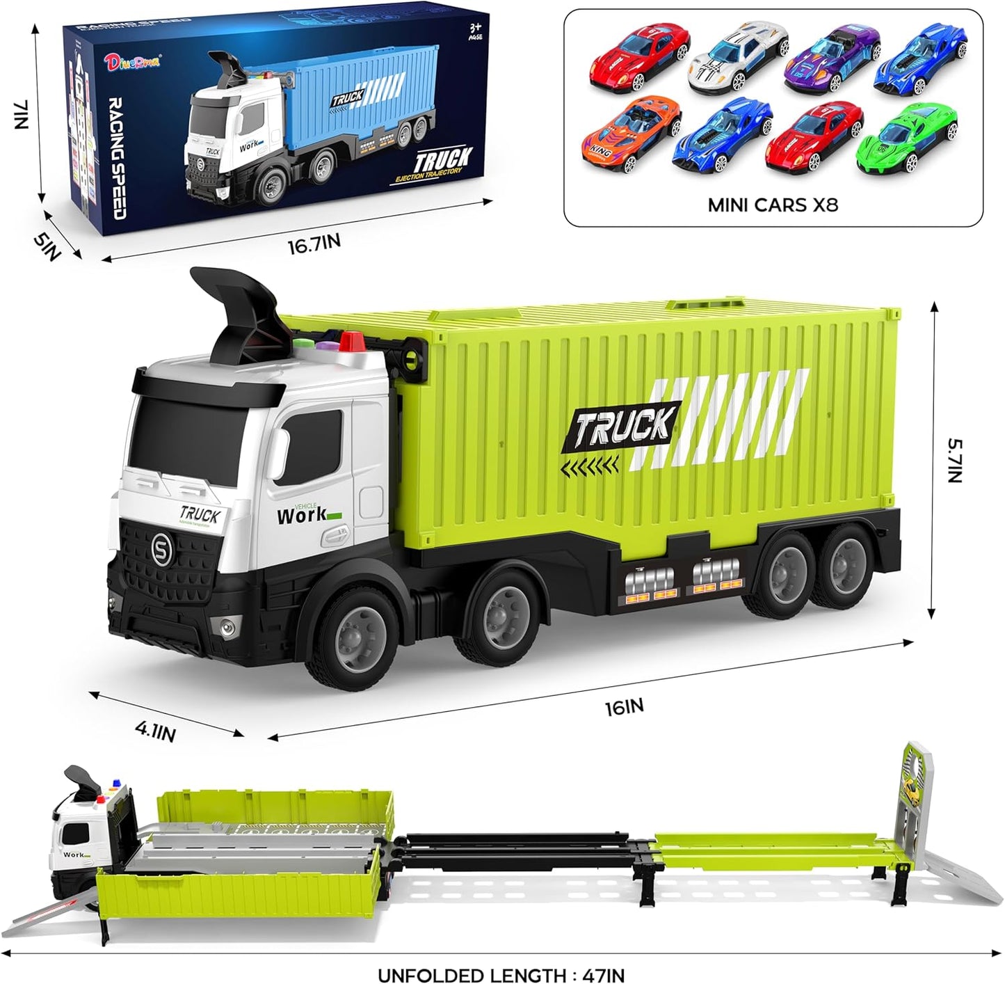 Carrier Truck Race Track Boys Toys, Foldable 3 Layer Toddler Track Playset, Toy Truck Transport Car Carrier & 8 Race Cars, Truck Car Kids Toys for Age 3 4 5 6+ Years Old Boys Girls