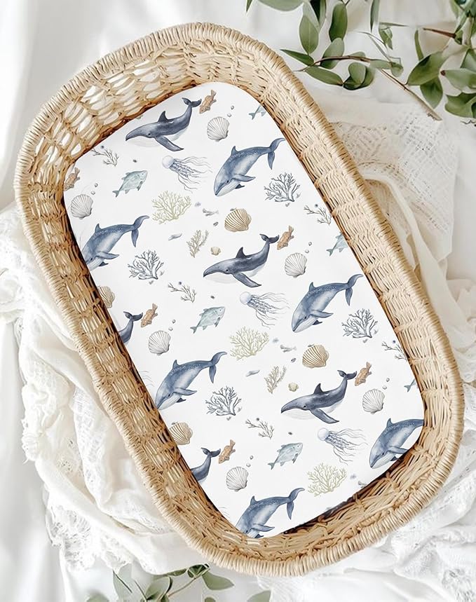 Bassinet Sheets for Baby Girls Boys 2 Pack, Fitted Baby Mattress Sheet for Rectangle, Oval, Hourglass Bassinet Mattress, Breathable Cozy & Universal Fit (Aquatic Adventures)