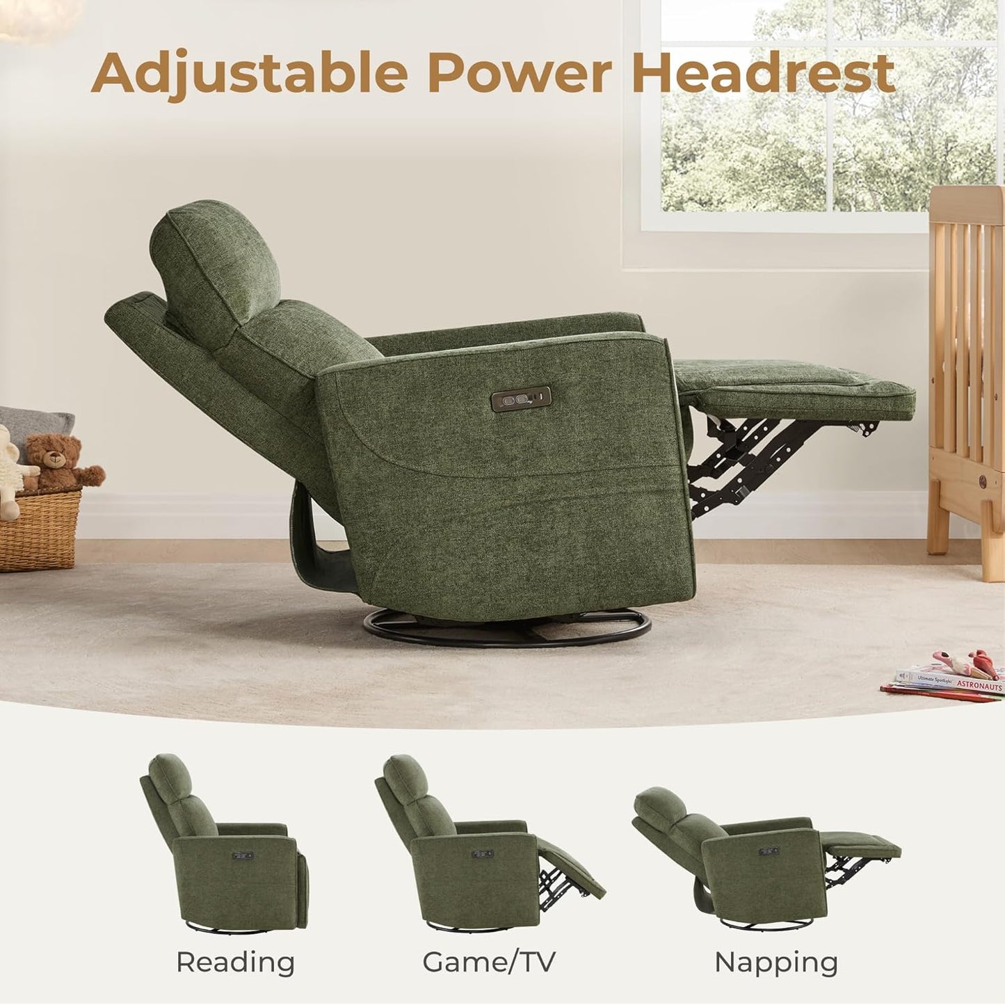 CHITA Electronic Power Recliner Chair Swivel Glider, FSC Certified Modern Nursery Rocking Chair with USB and Type-C Ports, Forest Green