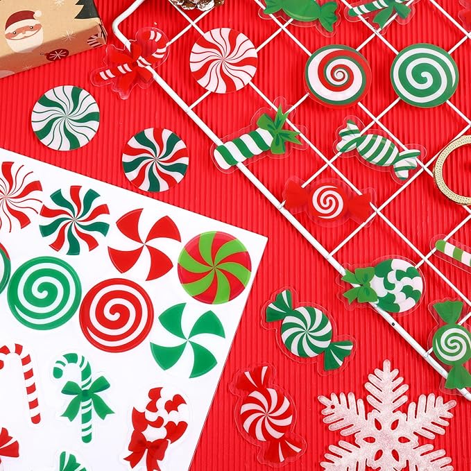 MARFOREVER 50 PCS Candy Cane Gel Window Clings, Reusable Colorful Christmas Candy Thick Gel Clings Decals Stickers for Christmas Gift Xmas Party Supplies Window Glass Decoration Supplies