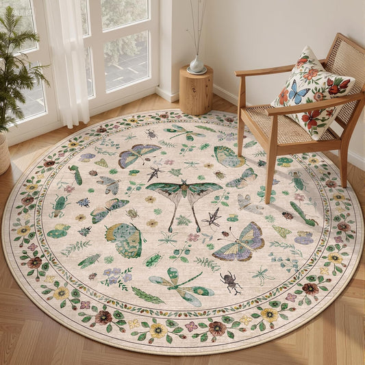 6ft Washable Round Rug - Bug Rugs for Living Room Non-Slip Low Pile Soft Ultra-Thin Machine Washable Circle Carpet for Bedroom, Entryway, Nursery, Kitchen, Home Office (6' Round Beige)
