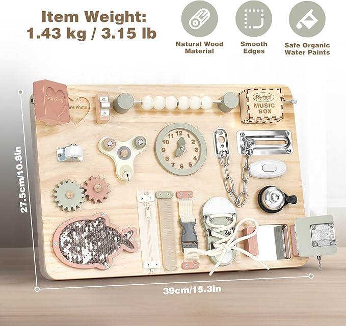 Joyreal Montessori Large Busy Board with Stand, Montessori Sensory Toys for Fine Motor Skills, Wooden Fidget Activity Board for Toddlers, Gifts for Boys Girls (Large Neutral)