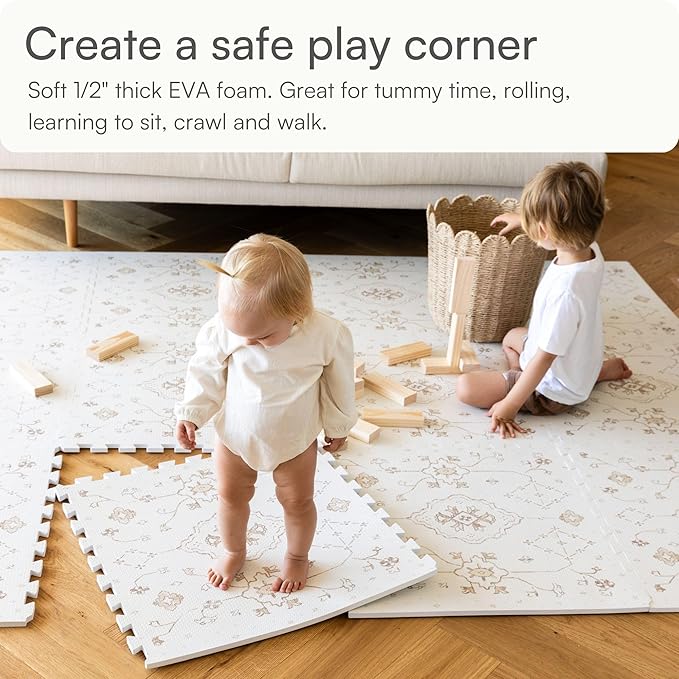 Lillefolk Baby Play Mat for Floor – 6x8ft Vintage Vanilla | Soft Non Toxic Premium EVA Foam Tiles for Tummy Time, Crawling & Playroom – Waterproof Floor Mat for Babies & Toddlers (12 Tiles)