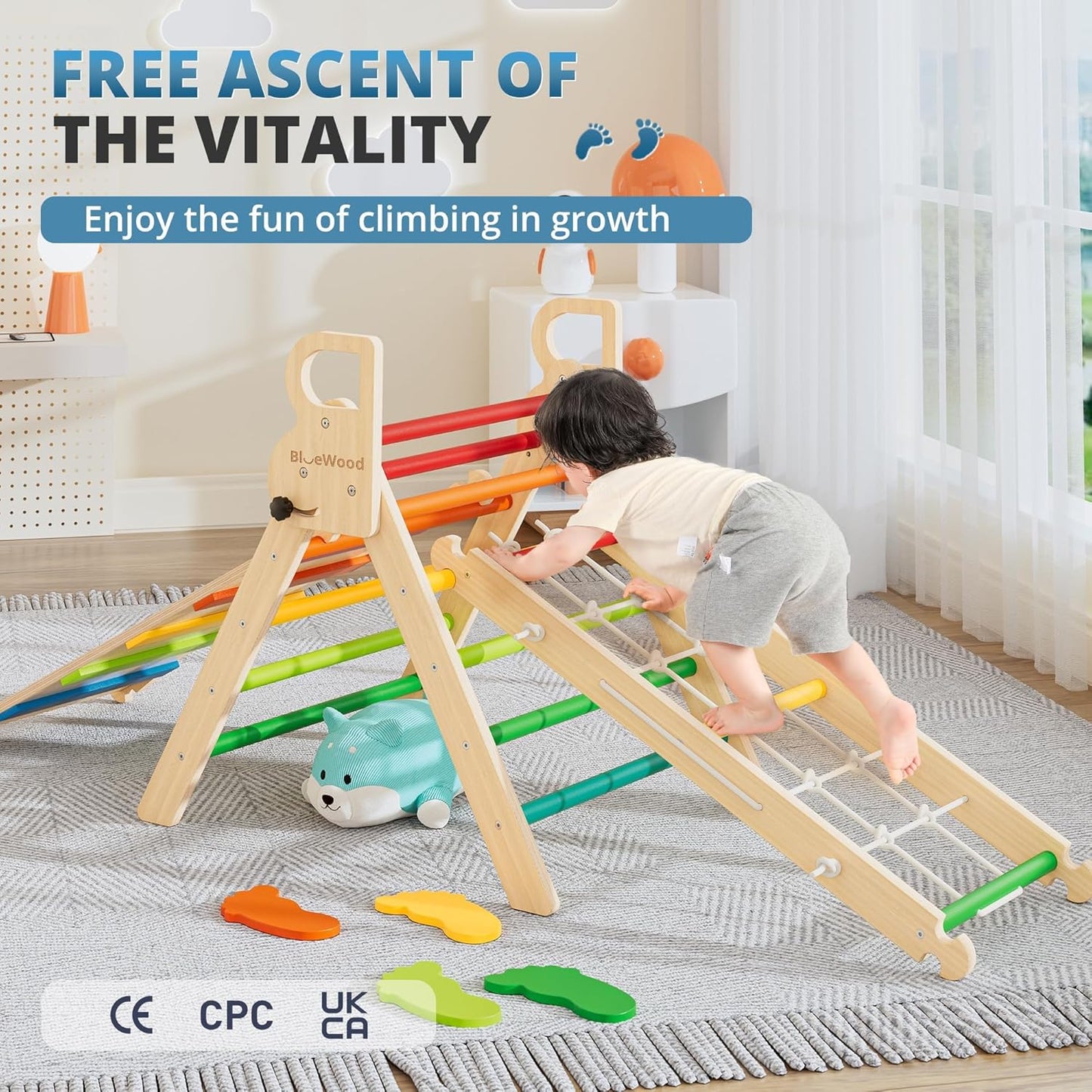 BlueWood 10-in-1 Pikler Triangle Set, Toddler Climbing Toys Indoor, Montessori Climber, Baby Jungle Gyms with Arch, Extra Rope Ladder & Footprint Balance Beam - Neon Aurora