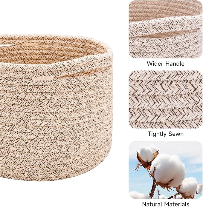 Small Basket for Organizing | Cube Shelf Closet Storage Baskets | 9.7×9.7×7.1” | Woven Rope Gift Basket | Nursery | Round 3 Packs Mixed Brown