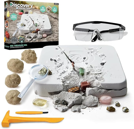 Discovery™ Big Treasure Dig STEM Kit – 23-Piece Excavation Set for Kids| Dig for 15 Gemstones, 4 Crystal Geodes & Pyrite Nuggets| Real Tools| Educational Geology Toy| Science Activity Gift| Ages 8+