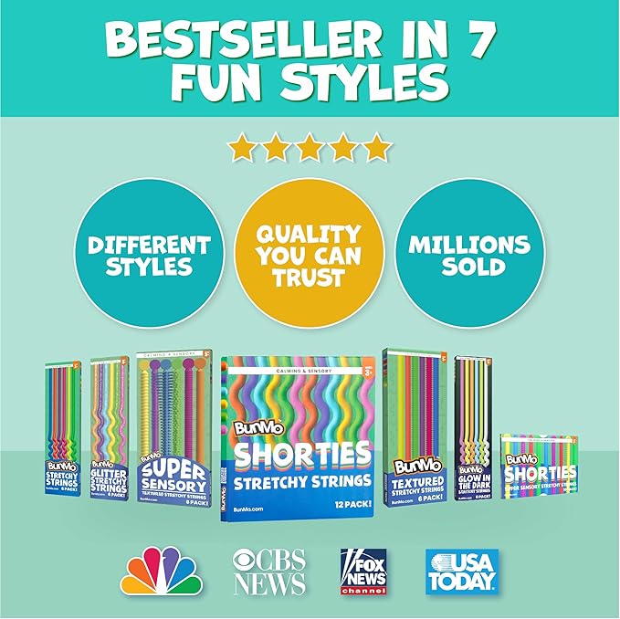 BUNMO Sensory Toys Stretchy Strings for Toddlers 3+ - Stimulating & Addictive Fidget Toys for Kids - Hours of Fun for Kids - Non-Mouthable Toy 3+ - Mini Smooth 12 Pack