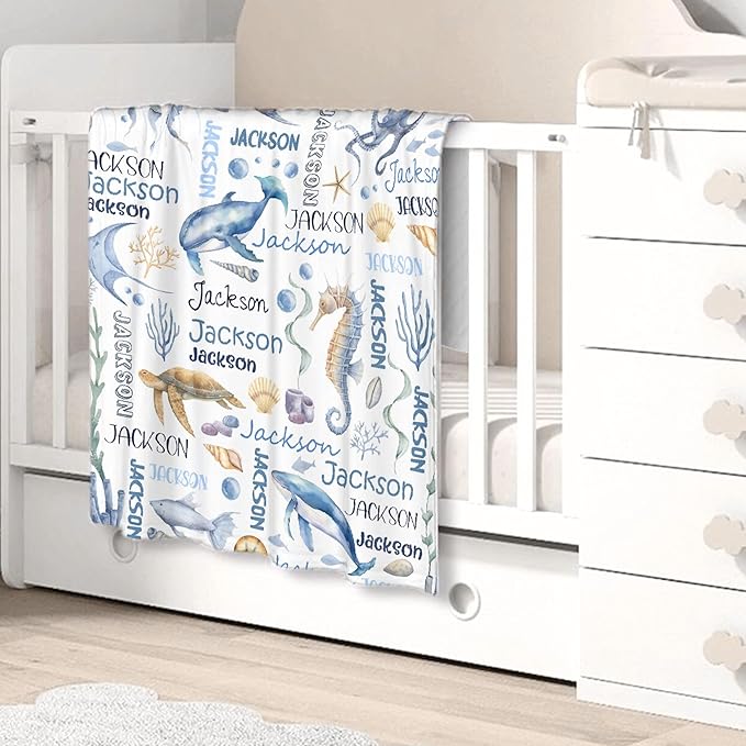 Personalized Baby Blanket for Girls Boys Kids Dolphins Turtles Custom Baby Blanket with Name Throw Birthday Gift for Toddlers Infants Shower Newborns Nursery Stroller Crib Bed Decor