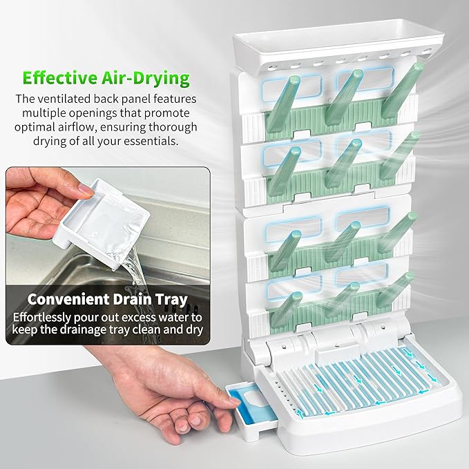 Baby Bottle Drying Rack for 12 Bottles, Space Saving Countertop Vertical Standing Bottle Dryer Rack for Baby Accessories & Pump Parts （Large White&Green）