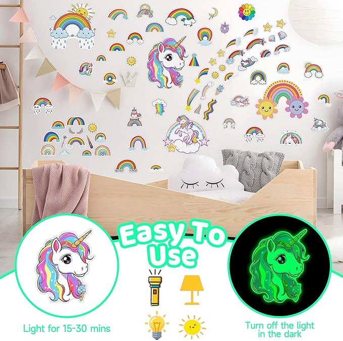 Glow in The Dark Unicorn and Rainbow Wall Decals, Stars Stickers for Baby Girls Room, Luminous Ceiling Decor for Bedroom Playroom Nursery