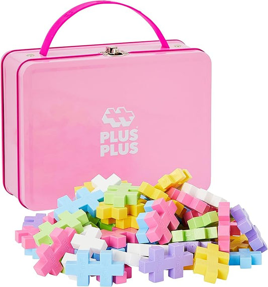 PLUS PLUS Building Set with Metal Suitcase, Open Ended Stem Toy for Toddlers and Preschool, 70 Big Pastel Interlocking Pieces