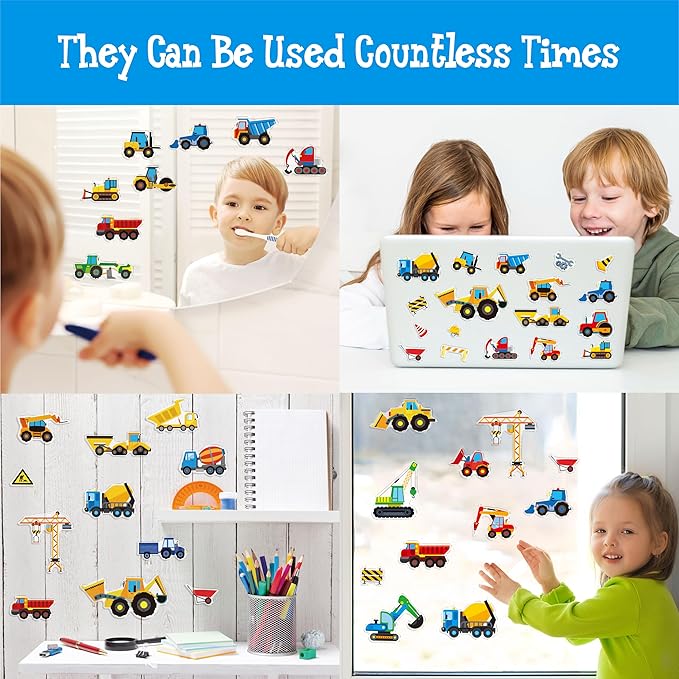 39PCS Construction Vehicle Jelly Stickers, Removable Reusable Thick Engineering Vehicles Cling Gel Decal for Window, Door, Home, Classroom, Nursery, Party Supplies, Kids, Toddlers, Adults (Not Edible)