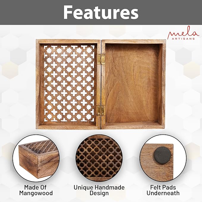 Mela Artisans Wooden Keepsake Box | Medium Burnt Mango Wood Memory & Photo Storage Box with Hinged Lid | Decorative Storage Box | Extra Large | 10.5x7.5x4 Inch