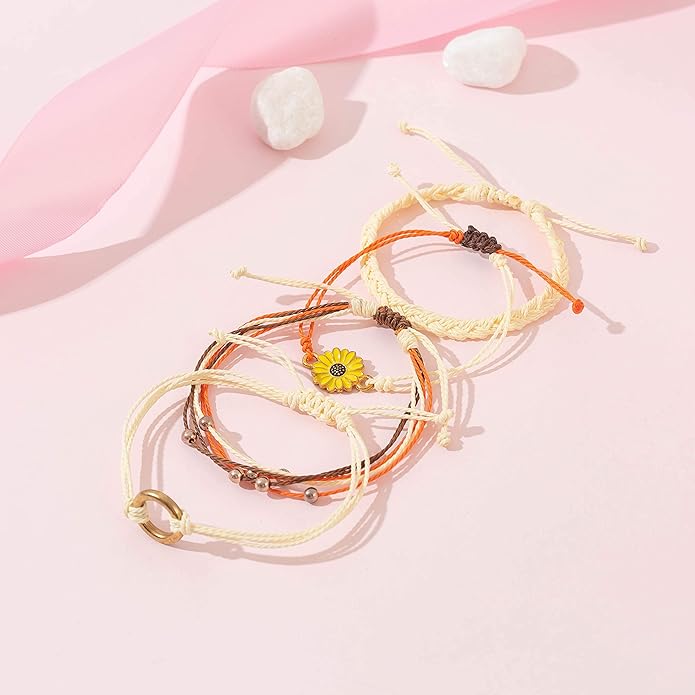 FANCY SHINY Sunflower String Bracelet Boho Braided Rope Wrap Bracelets Cute Summer Beach Surfer Jewelry for Women Christmas Gifts
