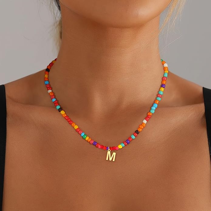 Colorful Initial Necklaces for Girls Kids Women, Cute Beaded Initial Necklace Teen Girl Gifts Trendy Stuff, Bohemian Letter Necklace Birthday Gifts for Women Girls Jewelry