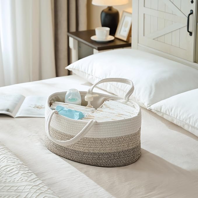 Baby Diaper Caddy Organizer, Extra Large Cotton Rope Nursery Diaper Basket, Changing Table Organizer, Portable Tote Bag with Divider, Car Storage, Baby Shower Gifts for Newborn Girls - Gradient Brown