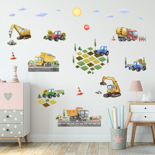 Construction Truck Wall Decals for Boys- Peel and Stick Road Vehicle Stickers for Room, Nursery, Playroom - Removable Wall Decor with Excavators, Tractors, Cars for Kids, Toddlers, Babies -S Size