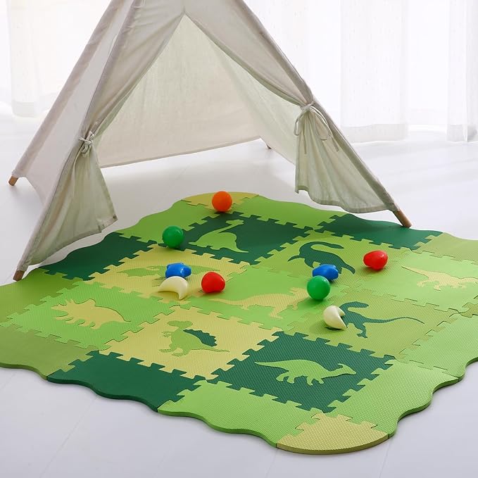 Foam Play Mat for Kids，25Pcs Square Interlocking Puzzle Floor Mat，Baby Play Mat Floor Mat Foam Puzzle Playmat for Toddlers with Fence - Green Dinosaurs