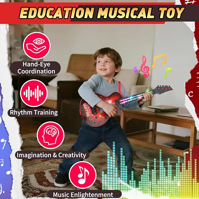 Kids Guitar Toy for 3 Year Old Boy Gift 21 Inches Electric Guitars with 4 Strings for Toddlers Light Up Music Toys for Boys Girls Gifts Ages 3 4 5 (Red)