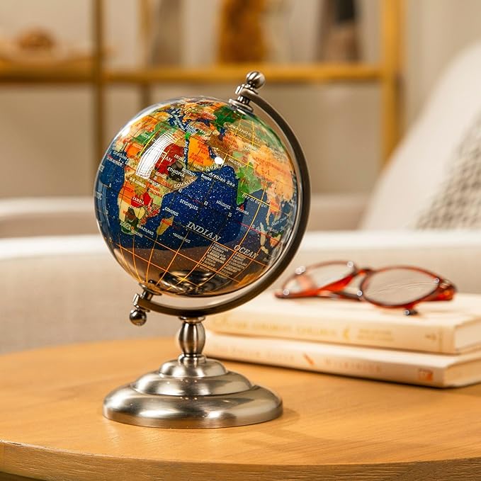 KALIFANO 7” Tall Gemstone Globe with Vibrant Polished Lapis Ocean and Mosaic Crystal Continents - World Globe with Metal Stand for Office & Home Décor
