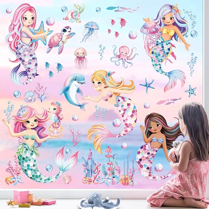 decalmile Under The Sea Mermaid Double Sided Window Clings Ocean Animal Whale Turtle Jellyfish Anti-Collision Glass Doors Window Stickers Decals