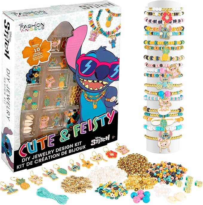 Fashion Angels Disney Stitch Cute & Feisty Jewelry Design Kit - Makes 10+ Charm Bracelets with 10 Enamel Charms, Themed Beads, an Assortment of Metallic and Wooden Beads! Ages 8 and Up