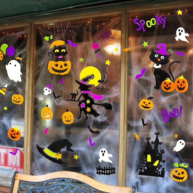 Halloween Window Clings Gel, Witch, Witch Hat, Black Cat, Castle, Home Party Supplies Window Glass Decorations
