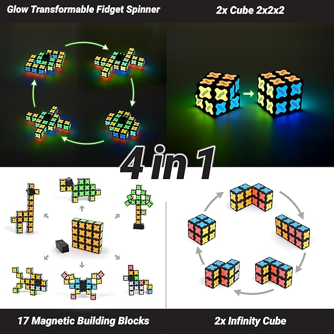 TOSY Magnet Fidget Spinner Glow - 16 Blocks, 3 in 1 Toy: Transformable Fidget Spinner, Infinity Cube, 2x2 Puzzle Cube, Glow, STEM/STEAM Magnet Tiles Birthday Gift for Kids/Boys/Girls/Adults, 2-Pack