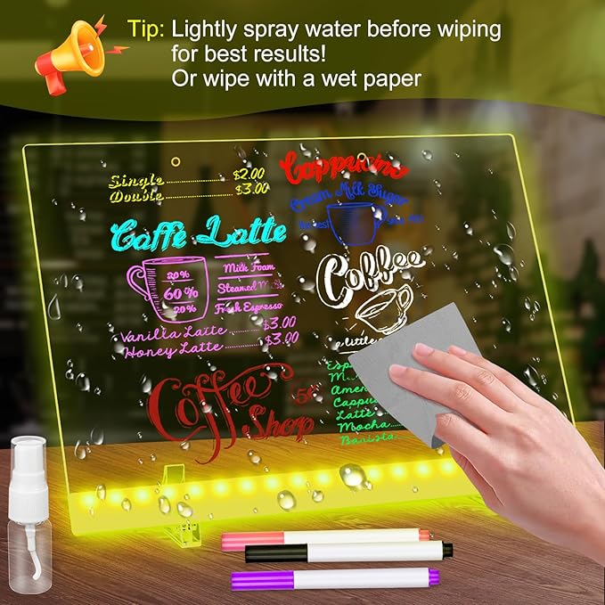 Meetory LED Drawing Board for Kids, Note Board with Colors, 13.8"X 9.8" 4 Modes & 6 Colors, Dry Erase Board with Light, Include Adapter, Hanging Chain, Stand, 12 Markers, Spray Bottle