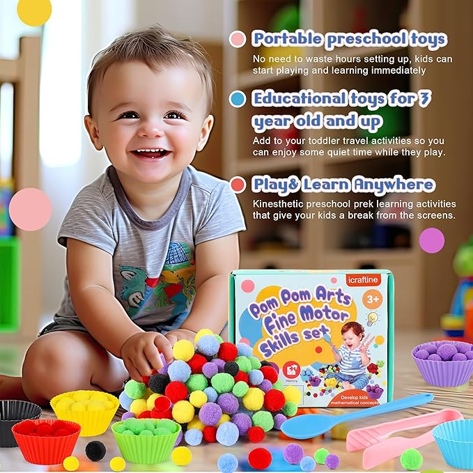 158 PCS Fine Motor Skills Set - 150 Pom Poms, 6 Sorting Bowls, Tweezers, Spoon, Sensory Bin Filler for Preschool Kids Counting, Sorting, Matching Training Activity