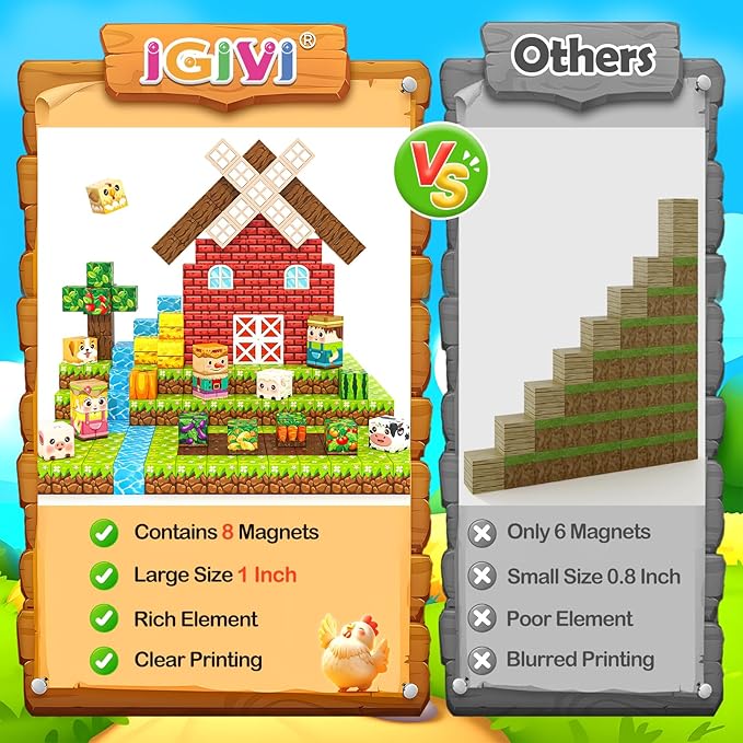 1" Magnetic Blocks - Build Mine Magnet World Farm Animals Set, 100PCS Vibrant Colorful Magnetic Blocks with Ultra Magnet Strength for Kids Ages 3-12, STEM Toys Ideal Gifts for 3+ Years Old Boys Girls