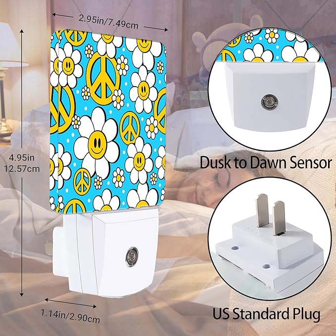 Hippie Flower Night Light, Cartoon Smile Daisy Night Lights Plug into Wall Decor for Bedroom, Bathroom, Hallway,Kitchen,Dusk to Dawn Sensor Nightlights for Women Room Gifts