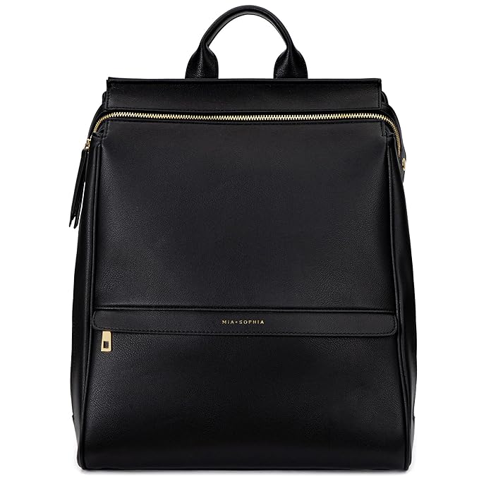 MIA + SOPHIA Leather Diaper Bag Backpack with USB Charging port, Changing Pad, Stroller Straps, and Bottle Holder (Black Sophia)